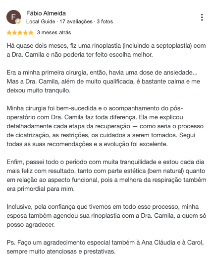 Avaliação real de paciente no Google sobre a Dra. Camila Braz