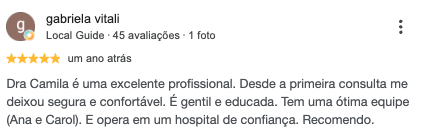 Avaliação real de paciente no Google sobre a Dra. Camila Braz
