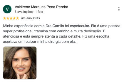 Avaliação real de paciente no Google sobre a Dra. Camila Braz