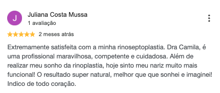 Avaliação real de paciente no Google sobre a Dra. Camila Braz