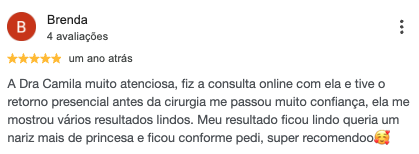 Avaliação real de paciente no Google sobre a Dra. Camila Braz