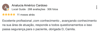 Avaliação real de paciente no Google sobre a Dra. Camila Braz
